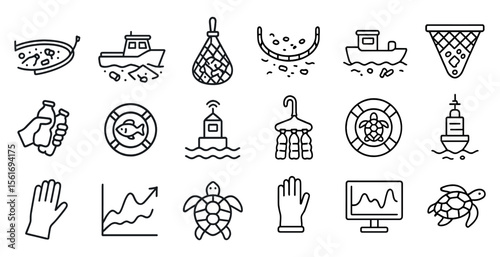 Collection of various sea and ocean related icons. Some of the icons include a turtle, a boat, a fishing net, and a life preserver