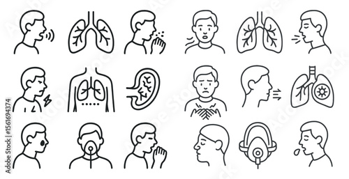 Series of drawings of people with their mouths open and one of them has a mask on. The drawings are all related to the idea of breathing and the importance of taking care of one's respiratory health