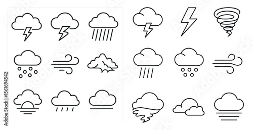 The image is a collection of weather icons, including clouds, rain, snow, and wind. The icons are all drawn in a simple, stylized manner, with a focus on the shapes and lines rather than the details