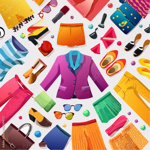 fashion flat lay with bold, saturated clothing items and accessories on a vibrant background