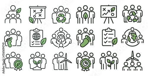 Collection of green icons that represent various aspects of environmentalism. The icons include people, trees, and other symbols that represent the importance of sustainability