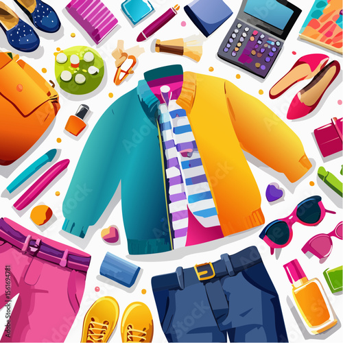 fashion flat lay with bold, saturated clothing items and accessories on a vibrant background