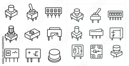 Collection of buttons and knobs in various shapes and sizes. The image is a collection of different types of buttons and knobs, with some of them being round, square, and rectangular