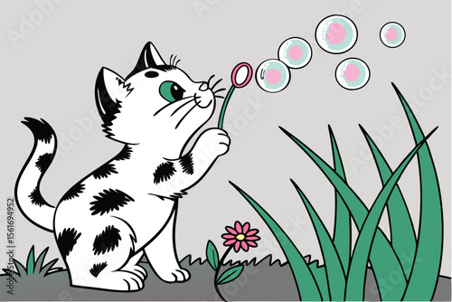 Cute cartoon kitten blowing bubbles in a grassy field with a flower