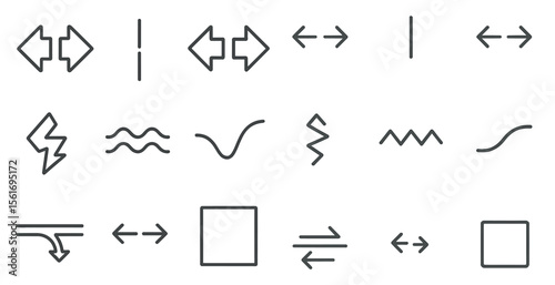 Set of icons for arrows and other shapes. The icons are all in black and white. The icons include a square, a triangle, a rectangle, a circle, and a zigzag photo