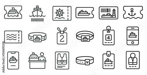 Series of icons for various items related to travel and transportation. The icons include a boat, a ticket, a phone, a wristband, a vest, a dog, and a person