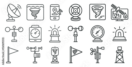 Collection of weather icons including a satellite, a weather vane, a lightning bolt, and a weather station