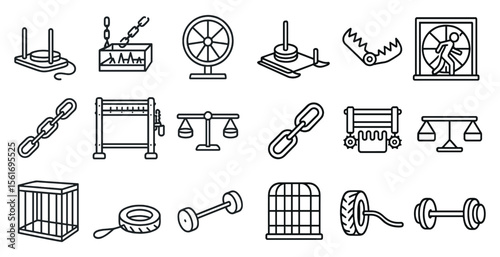 Collection of various objects and symbols, including a tire, a cage, a scale, and a chain