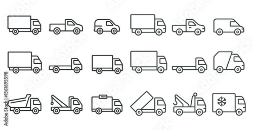 Series of different types of trucks, including dump trucks, tow trucks, and fire trucks. The trucks are all lined up in a row, with some of them being larger than others