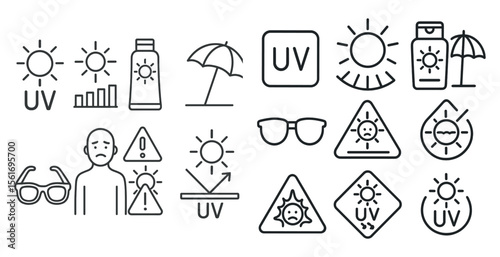 Set of icons for sun protection and UV rays. The icons include a man with sunglasses, a sun umbrella, a sun visor, and a sunburn sign