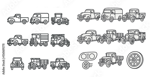 Series of vintage cars are shown in a line, with the first car being a truck. The cars are all different sizes and styles, with some being larger and more boxy, while others are smaller and sleeker