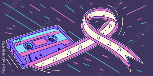Retro cassette tape with a ribbon adorned with musical notes and a vibrant abstract background isolated on white background isolated on transparent background