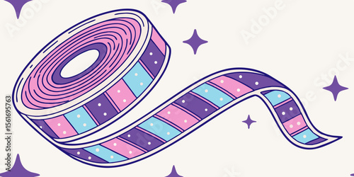 A colorful measuring tape with purple blue and pink stripes and polka dots isolated on white background isolated on transparent background