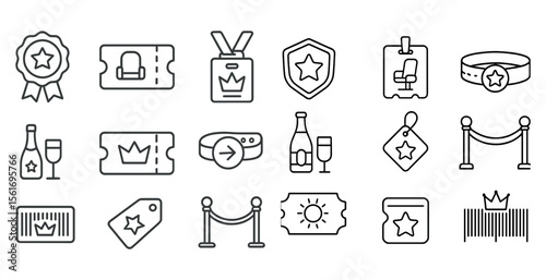 Collection of icons for a theme of a party or event. The icons include a crown, a bottle, a wine glass, a chair, a badge, a star, a ticket, a wristband, a badge, a star