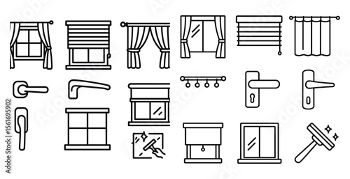 Collection of window treatments and window hardware. The window treatments include curtains, blinds, and shades. The window hardware includes handles, knobs, and locks