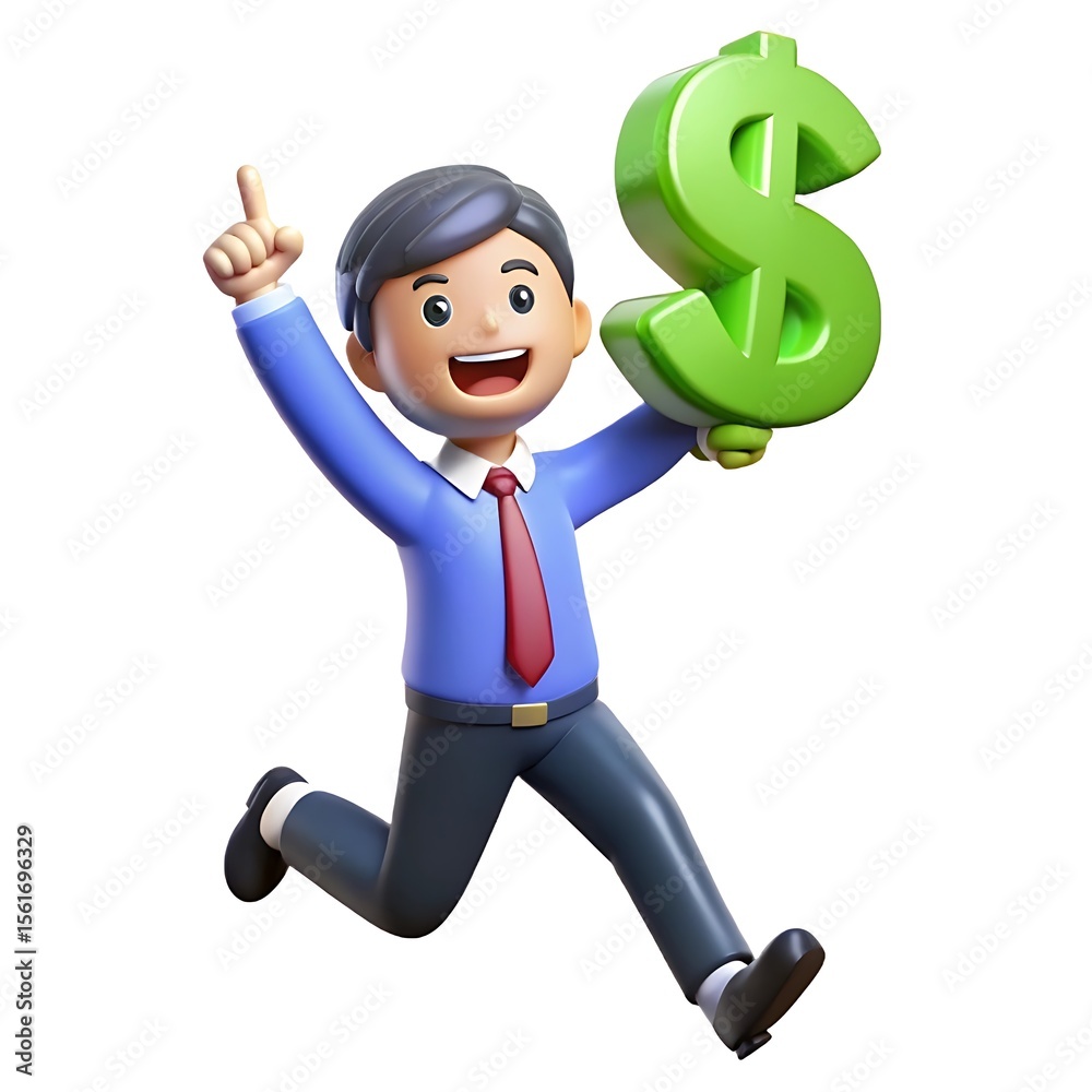 Excited cartoon businessman running with a large green dollar sign symbol isolated on white background Excited cartoon businessman running with a large green dollar sign symbol isolated on white background
