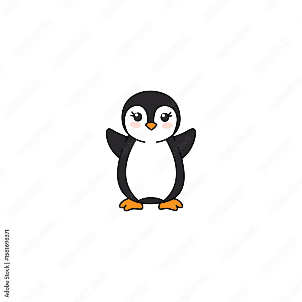 Fototapeta premium An icon of a cute cartoon penguin with its flippers outstretched, conveying an open, welcoming, or excited gesture.
