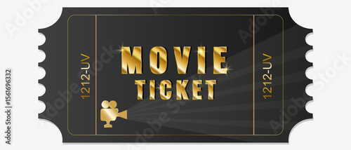 Elegant movie ticket with a black and gold design featuring a vintage camera and the text Movie Ticket. Perfect for cinema promotions, film events, movie nights, and entertainment industry designs. 