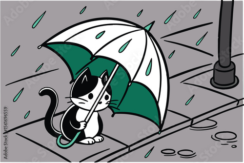 Cute kitten sheltering under a colorful umbrella on a rainy day