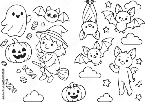 Colorful Halloween-themed outlines featuring a witch on a broom, bats, a ghost, and playful animals against a whimsical background