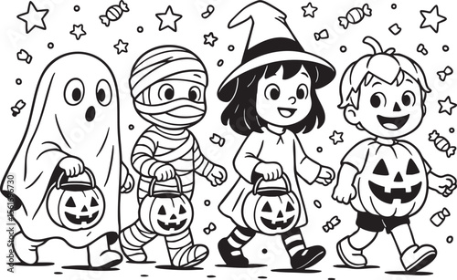 Kids in costumes celebrate Halloween by trick-or-treating and collecting candy