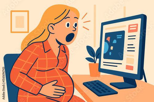Pregnant woman surprised while working on a computer at home  