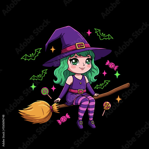 Cute cartoon witch sitting on broomstick with candies and bats  