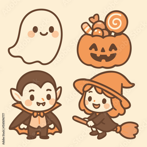 Halloween themed characters featuring a ghost, vampire, witch, and pumpkin in a playful design