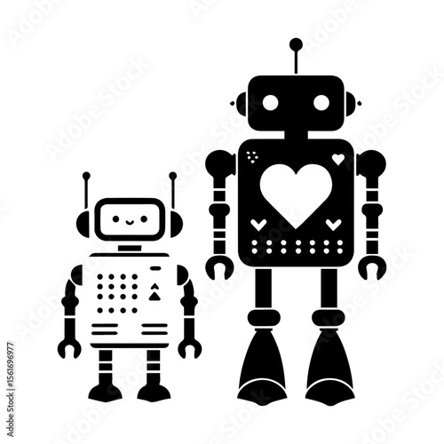 simple silhouette of This robot has a tiny heart panel on its chest