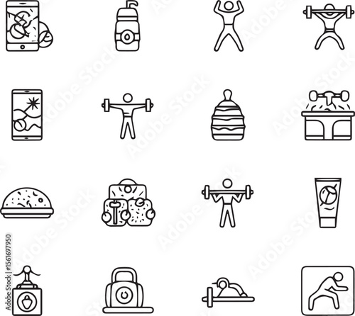 Sport and Fitness set of web icons in line style. Gym and fitness icons for web and mobile app. Healthy lifestyle, exercise, diet, nutrition, weight training, body care, workout. Editable stroke