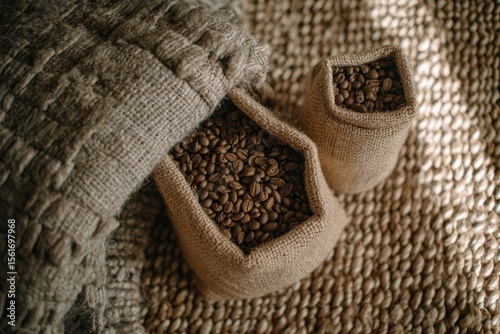 Two burlap coffee bean bags atop a woven rug, partially covered by a textured blanket