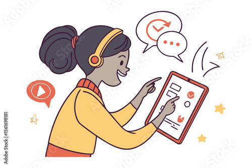 Interactive Learning: An illustration of a young female engages with a digital tablet, likely engaged in online learning or interactive content.