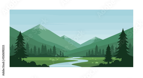 Serene Mountain Landscape with River and Pine Trees in Minimalist Flat Style