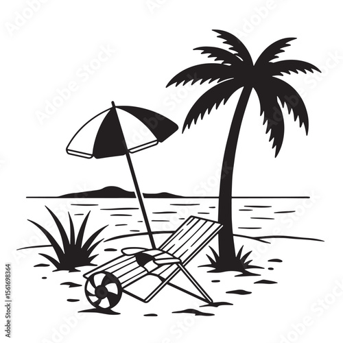 Beach scene with palm tree umbrella and lounge chair vector illustration for relaxation