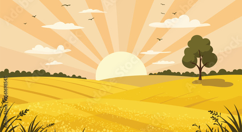 Cartoon Landscape of Golden Fields with Rising Sun and Birds Flying Above Vector