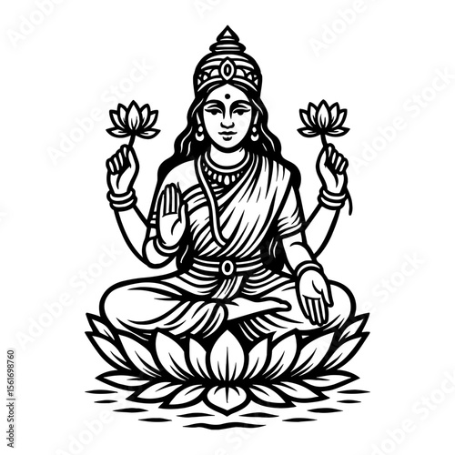 Goddess Lakshmi Sitting on Lotus Black and White Outline Line Art Drawing Vector Illustration