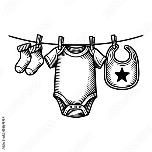 Baby Clothes Socks Bib on Clothesline Black and White Outline Line Art Drawing