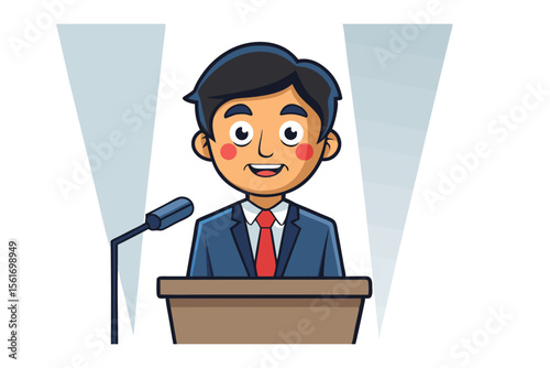 Smiling Speaker at Podium: A cheerful cartoon illustration of a young man in a suit delivering a speech from a podium, illuminated by spotlights.