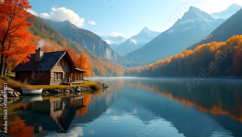 Autumn Mountain Reflections with Cozy Log Cabin and Boat by the Shore