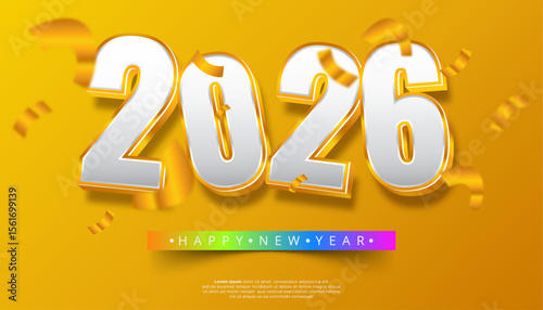 3D volumetric numbers 2026 with golden confetti and happy new year text