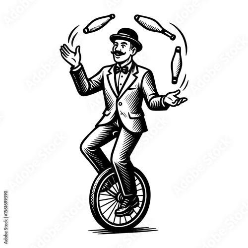 Man Riding Unicycle Juggling Clubs Black and White Outline Line Art Drawing in Vintage Style