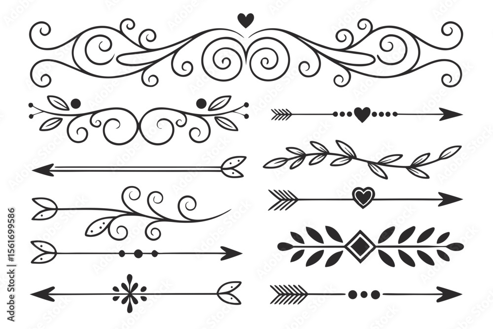 Fototapeta premium Ornamental Decorative Borders with Arrows and Floral Swirls in Hand-Drawn Black Vector. Elegant Dividers for Invitations, Posters, and Layout Projects.