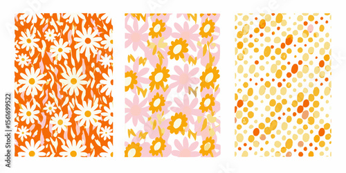 Three distinct abstract patterns featuring floral and polka dot designs in warm colors