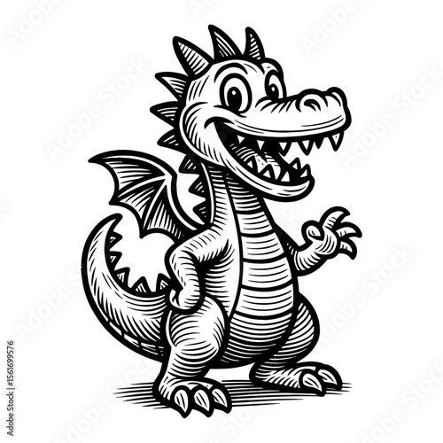 Cute Dragon Standing and Waving Hand Cartoon Black and White Outline Line Art Drawing Vector 
