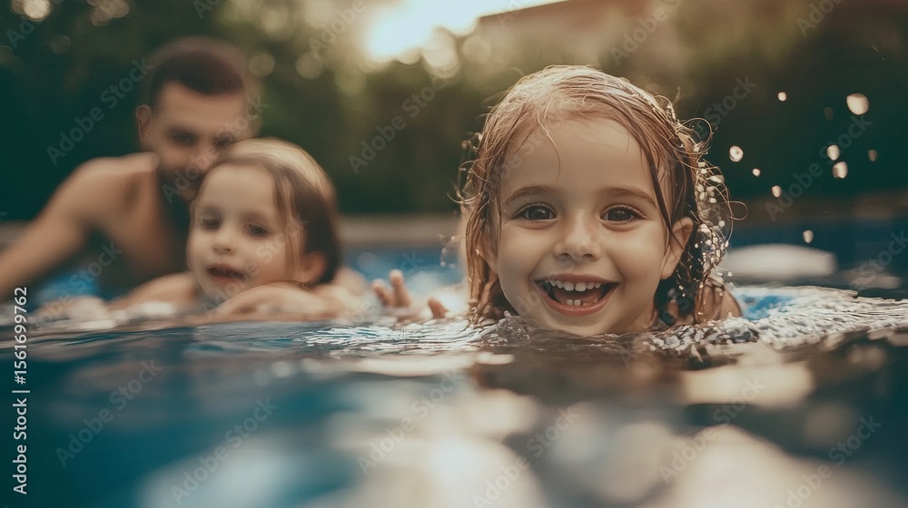 Obraz premium Joyful summer family fun in the sun, dad and daughters splashing water in a refreshing pool