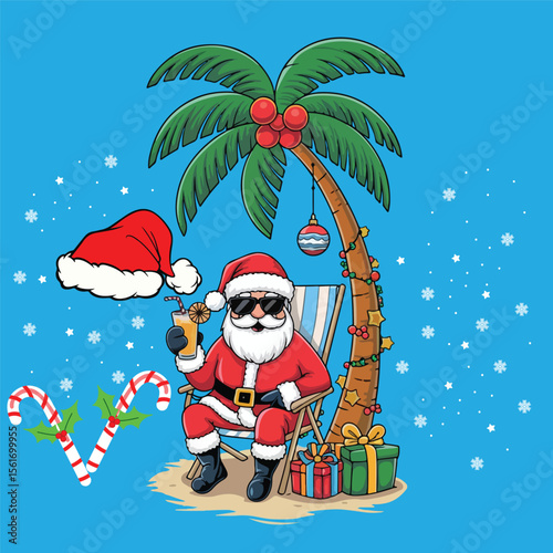 Santa Claus Relaxing on a Tropical Beach for Christmas