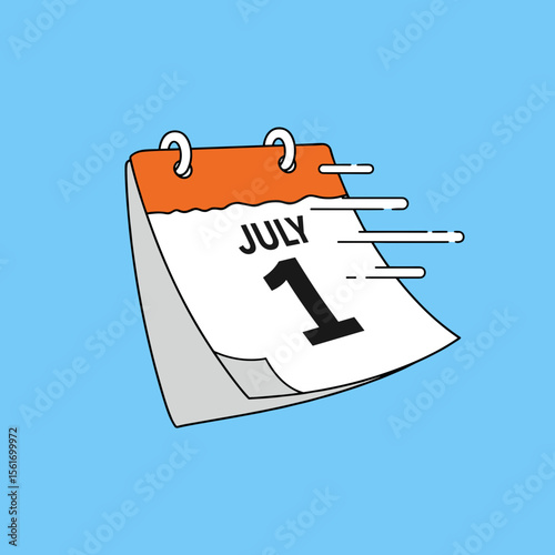 Cartoon calendar page flipping to July 1st on blue background  