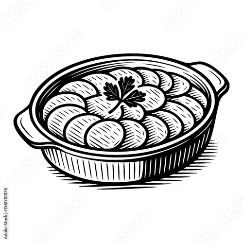 Delicious Baked Dish with Sliced Potatoes and Parsley in a Casserole Black and White Outline Line Art Drawing
