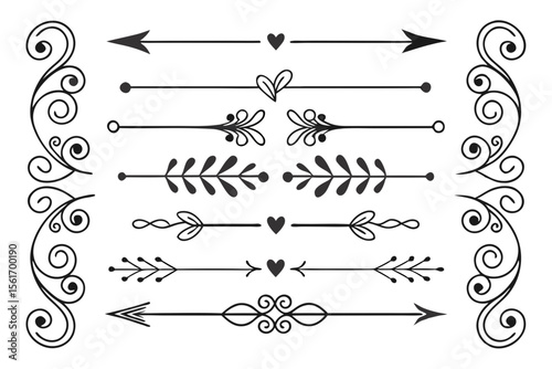Elegant Black Vector Dividers Featuring Arrows, Curves, and Hand-Drawn Floral Ornaments. Ornamental Line Art Borders for Wedding Invitations and Posters.


