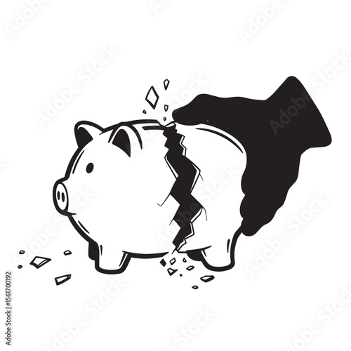 Black and white illustration of a broken piggy bank symbolizing financial crisis or bankruptcy